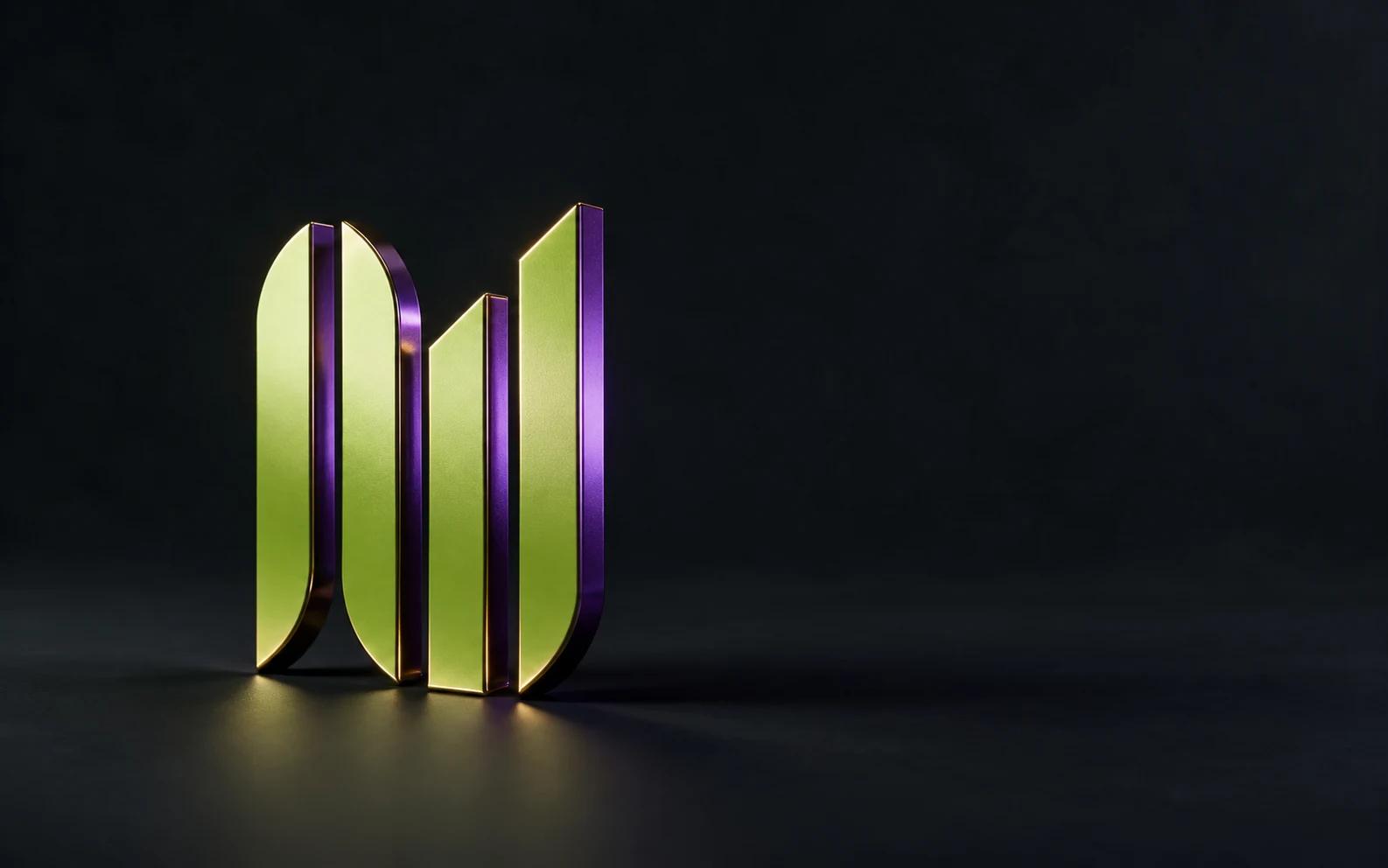 The four-part Nordwork mark in lime metal with violet edges against charcoal